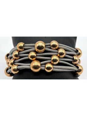 Bronze MILOR Italy Grey Leather Beaded 7.25" Beaded Bracelet with Magnetic Clasp